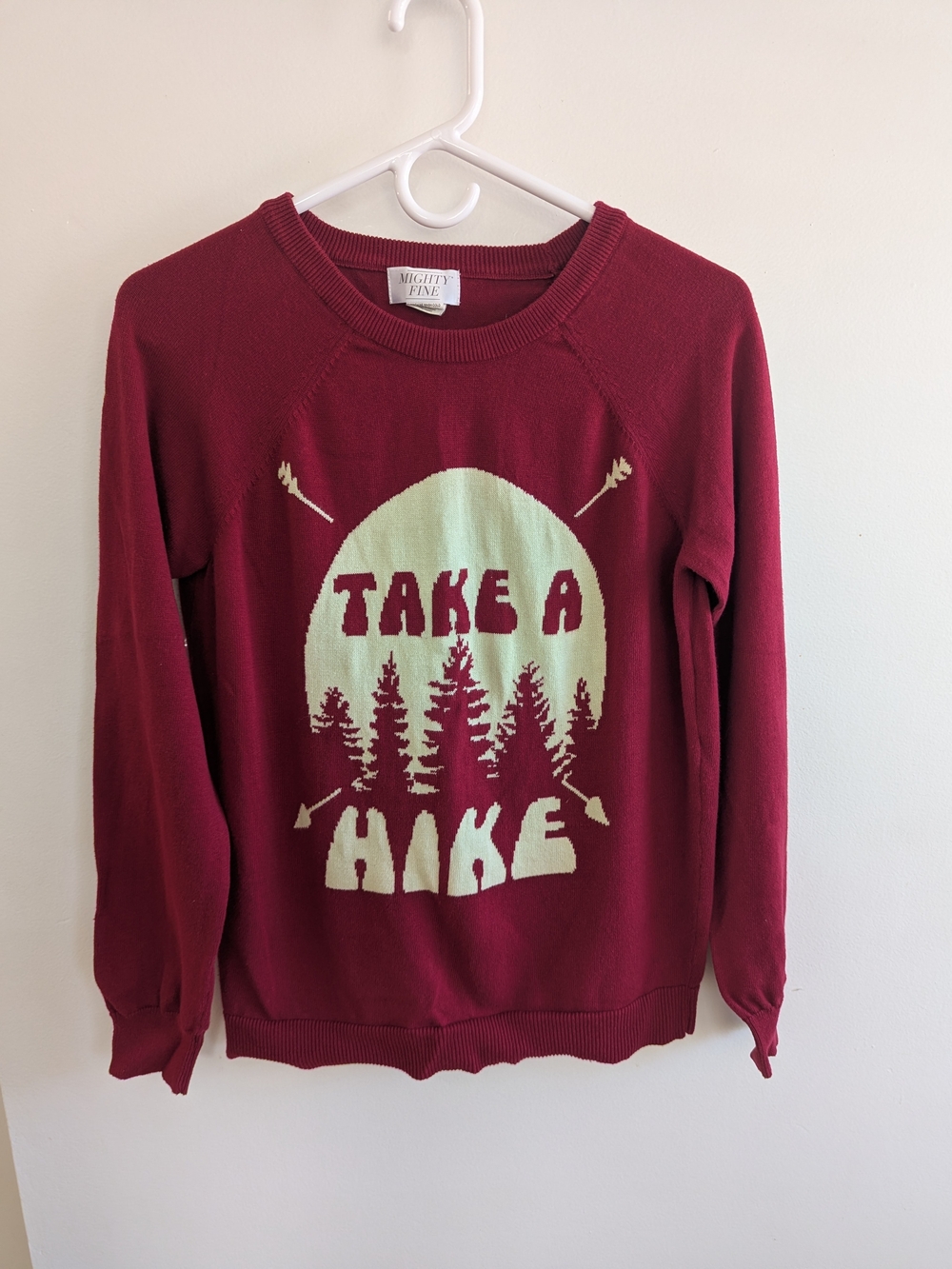 Mighty Fine "Take A Hike" Maroon Knit Sweater Women's M 100% Cotton Pine Trees